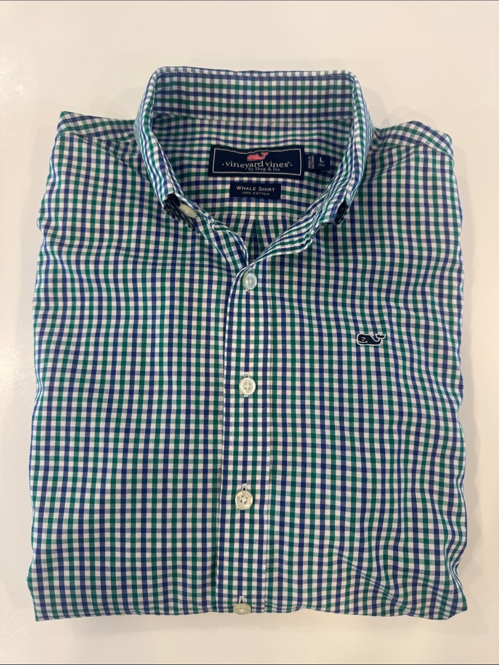 Vineyard Vines Green & Blue Gingham Button-Down Whale Shirt size L (16)